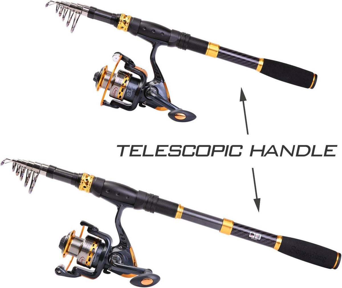Teleskop-Angelrute Carbon Spinnrute mit Spule, 2,4m, Süß- & Salzwasser, Tragetasche