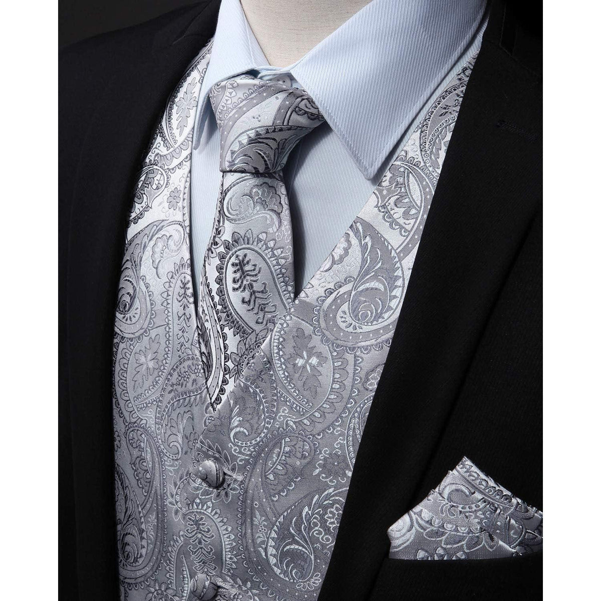 Herren Jacquard Weste Krawatte Einstecktuch Set Grau 6XL