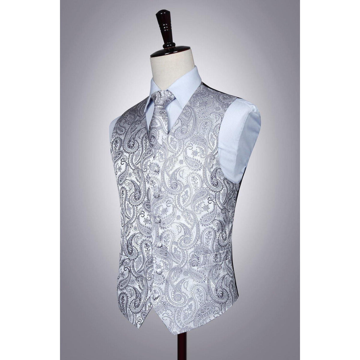 Herren Jacquard Weste Krawatte Einstecktuch Set Grau 6XL