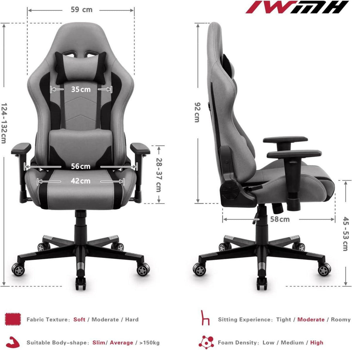 Ergonomischer Gaming Stuhl Stoff Racing Bürostuhl Grau