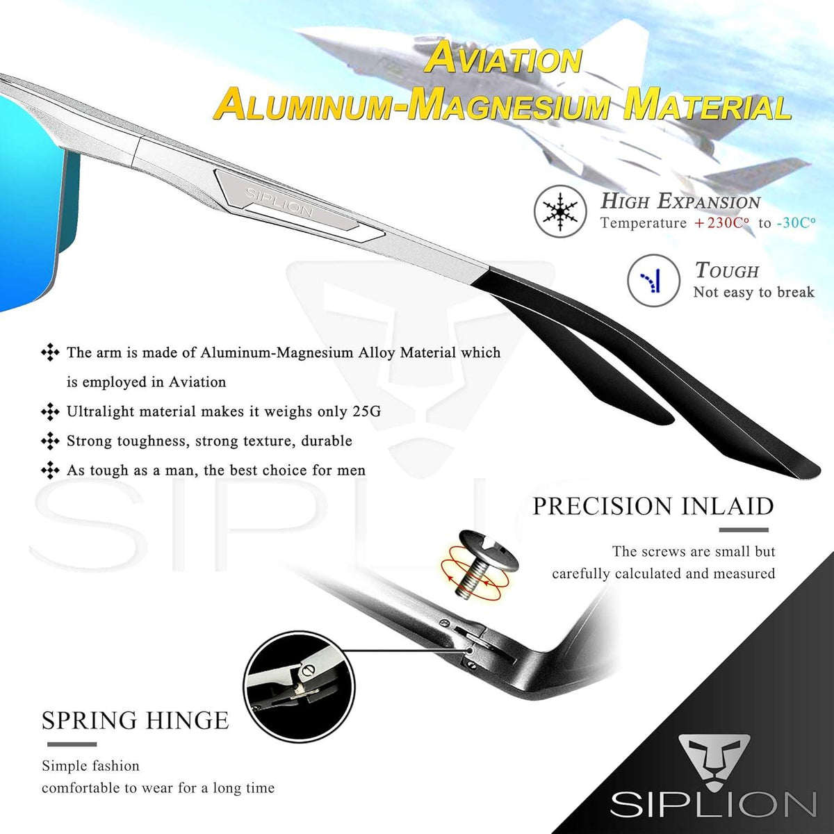 SIPLION Polarisierte Sportbrille Al-Mg Metallrahme UV400