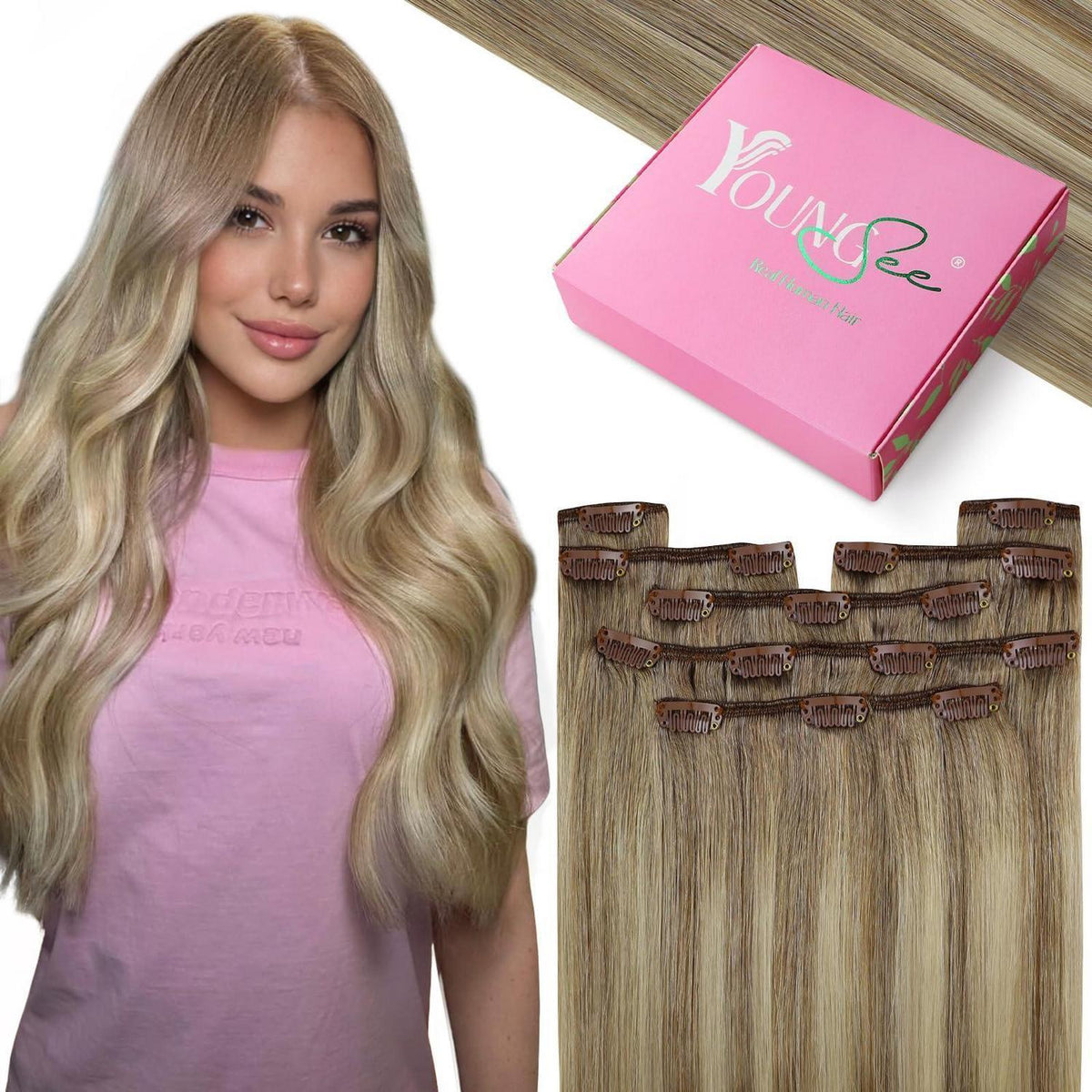 Echthaar Clip-in Extensions Ombre Hellbraun-Blond 35cm