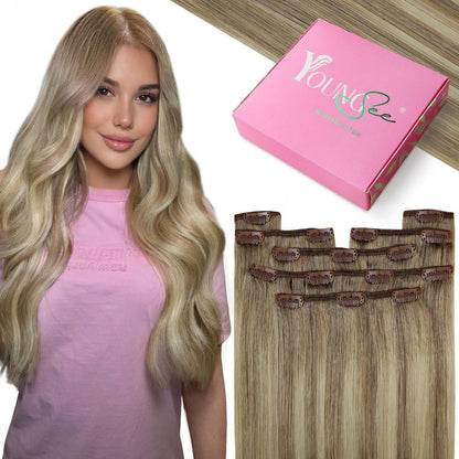 Echthaar Clip-in Extensions Ombre Hellbraun-Blond 35cm