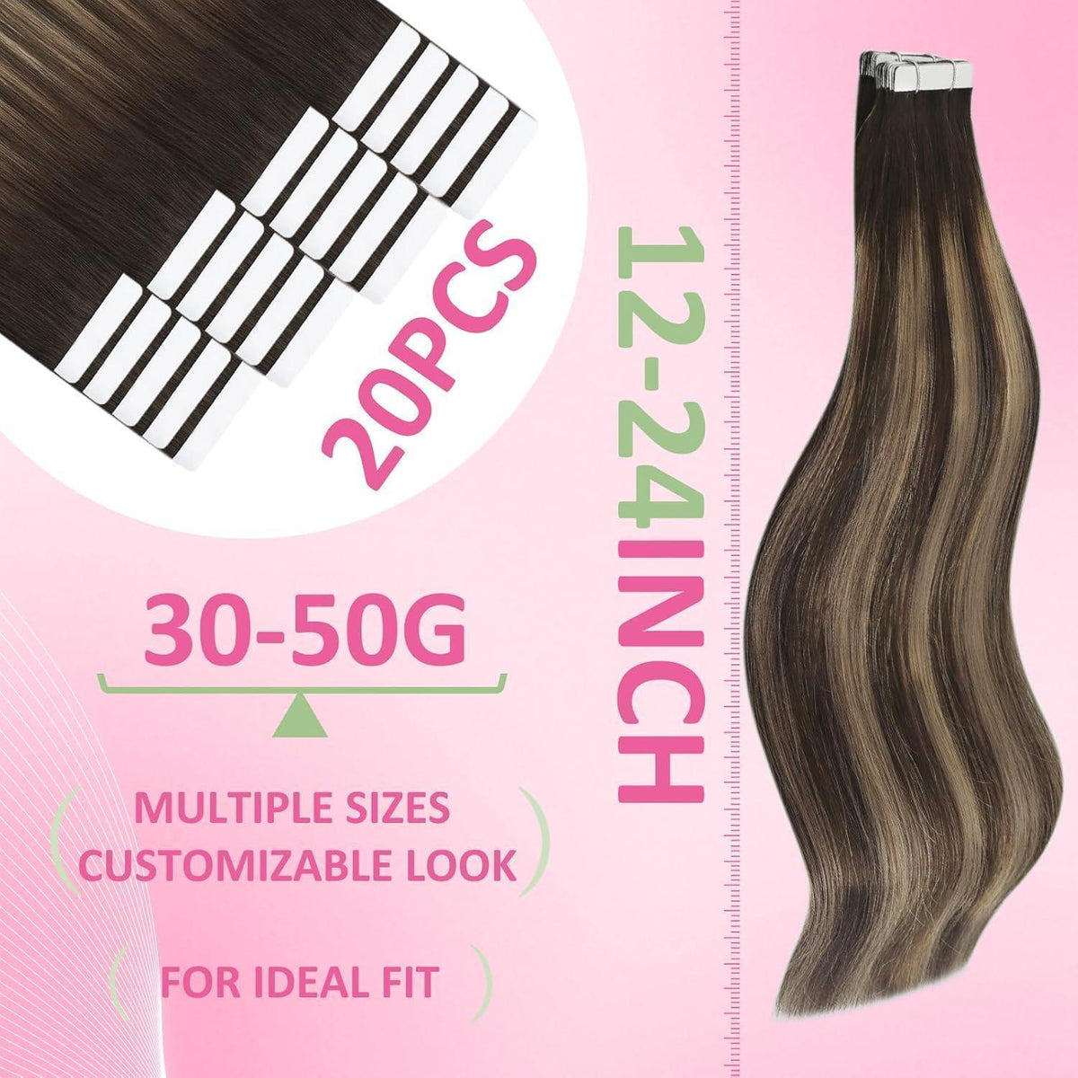 Echthaar Tape Extensions Ombre Braun Blond 45cm