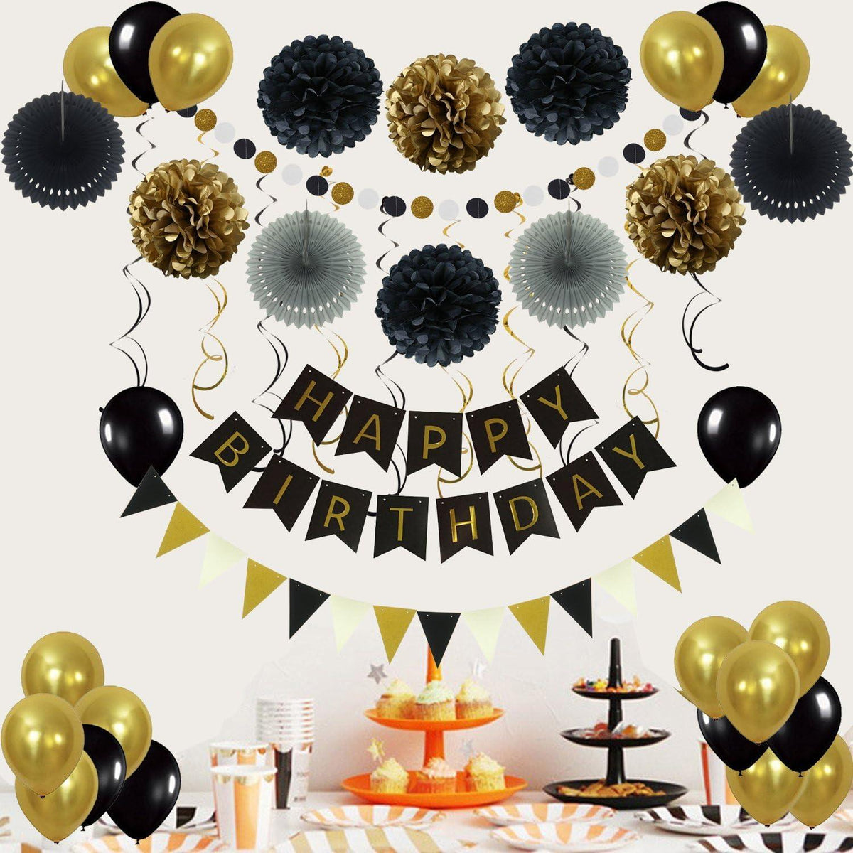 ZERODECO Geburtstagsdeko Schwarz Gold Wimpelkette Pompoms Fans Luftballon