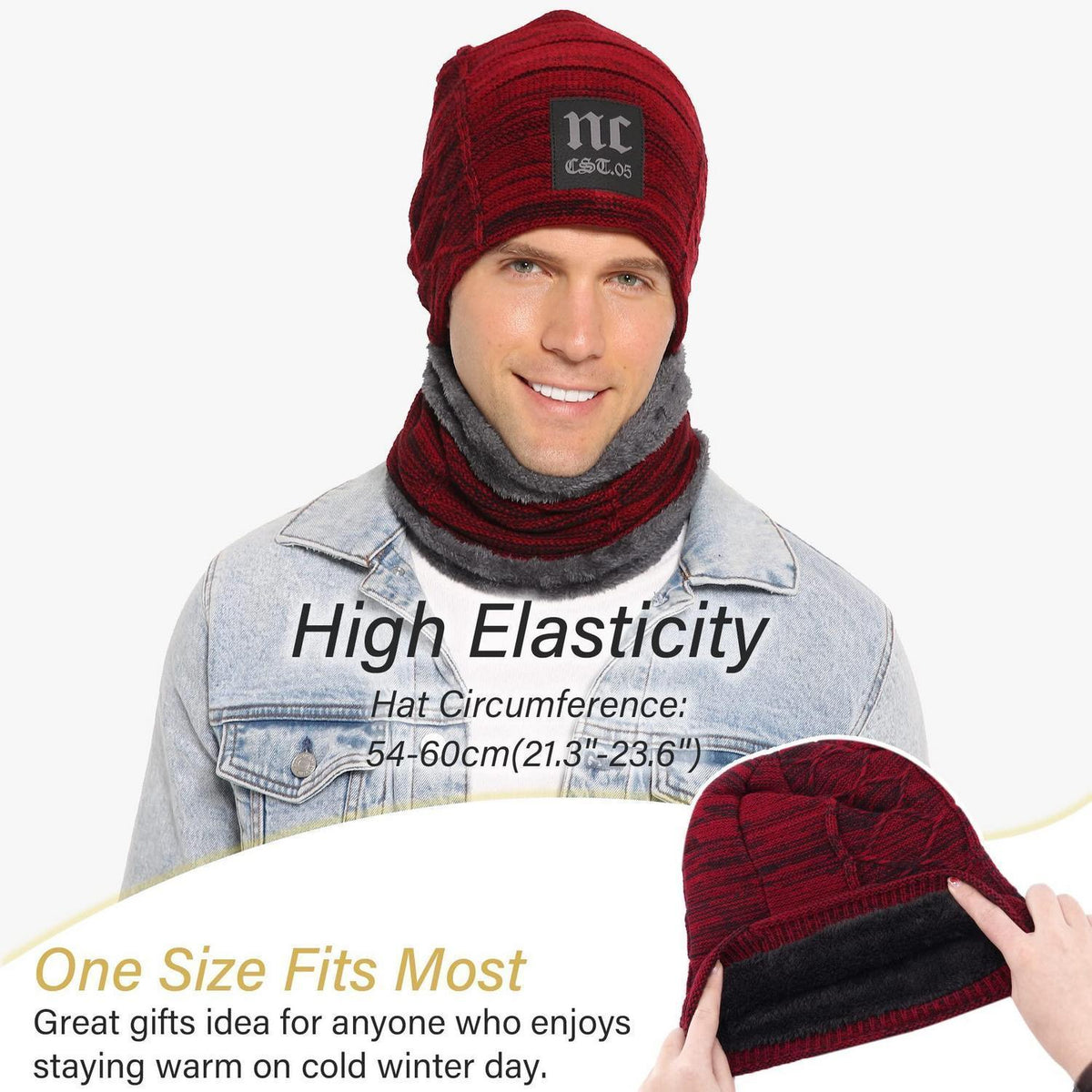 Winter Mütze & Schal Set Herren Warm Beanie Loop Schal Rotwein