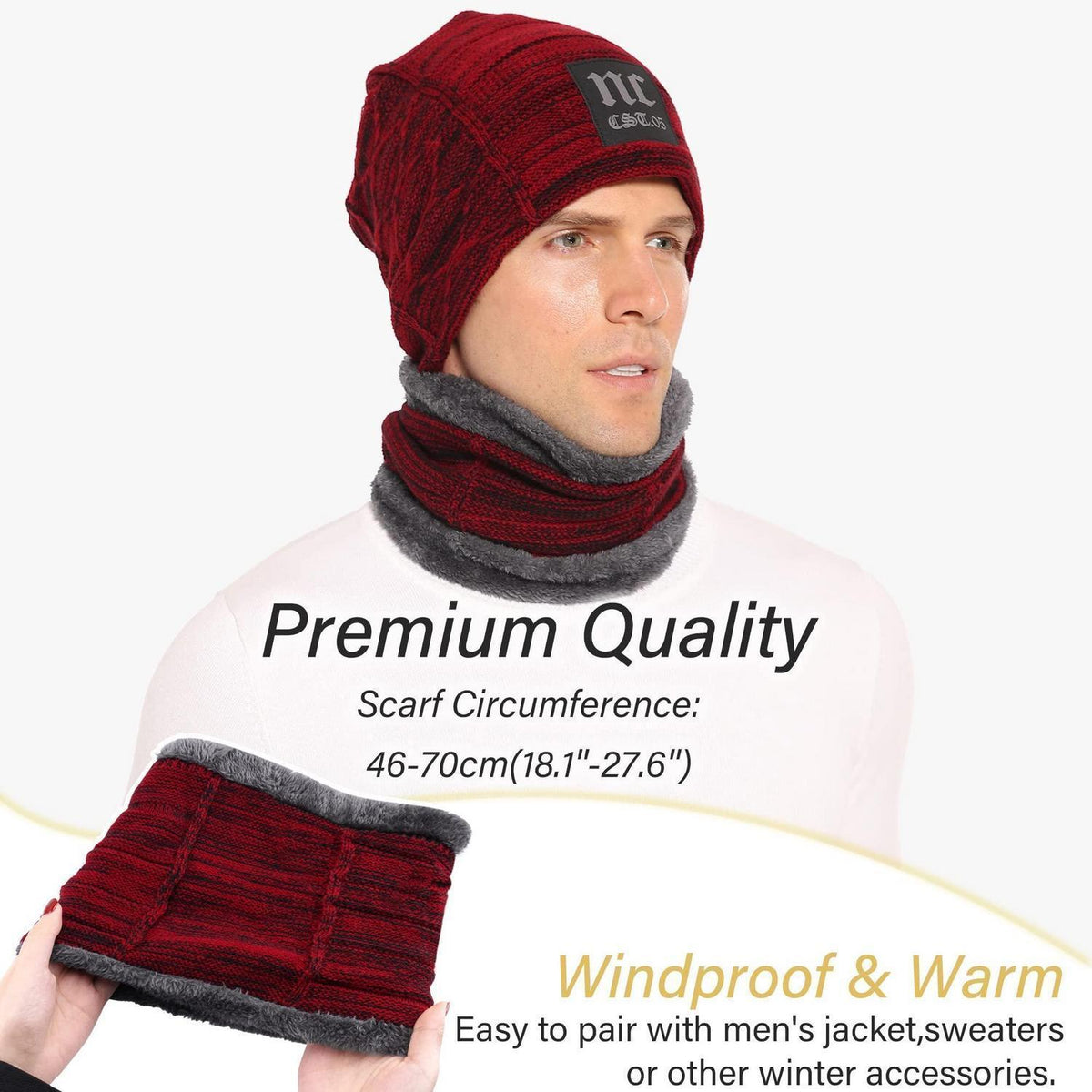 Winter Mütze & Schal Set Herren Warm Beanie Loop Schal Rotwein