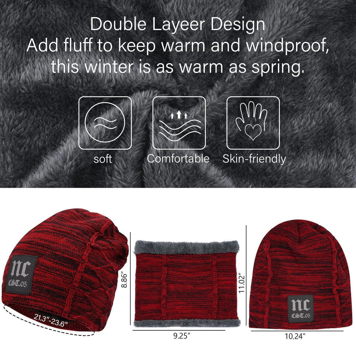 Winter Mütze & Schal Set Herren Warm Beanie Loop Schal Rotwein