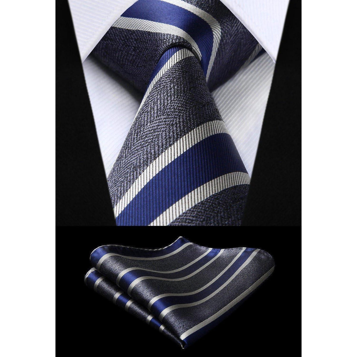 Herren Krawatten-Set mit Einstecktuch, gestreift, Grau & Marineblau