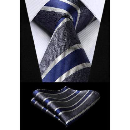 Herren Krawatten-Set mit Einstecktuch, gestreift, Grau & Marineblau