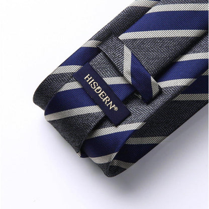 Herren Krawatten-Set mit Einstecktuch, gestreift, Grau & Marineblau
