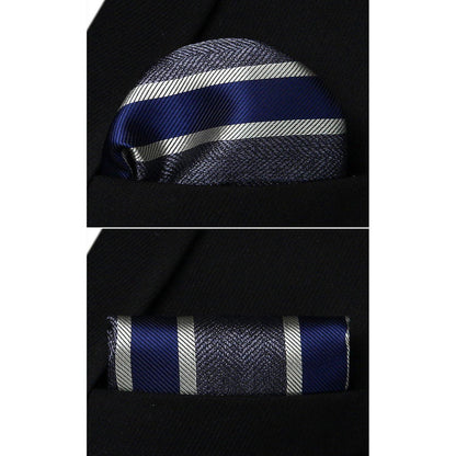Herren Krawatten-Set mit Einstecktuch, gestreift, Grau & Marineblau