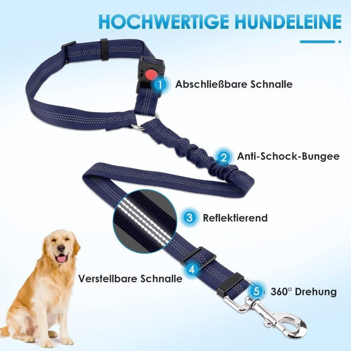 SlowTon Hundegurt Auto Sicherheitsgurt 2 Stück Kopfstützen-Rückhalte reflektierend Blau