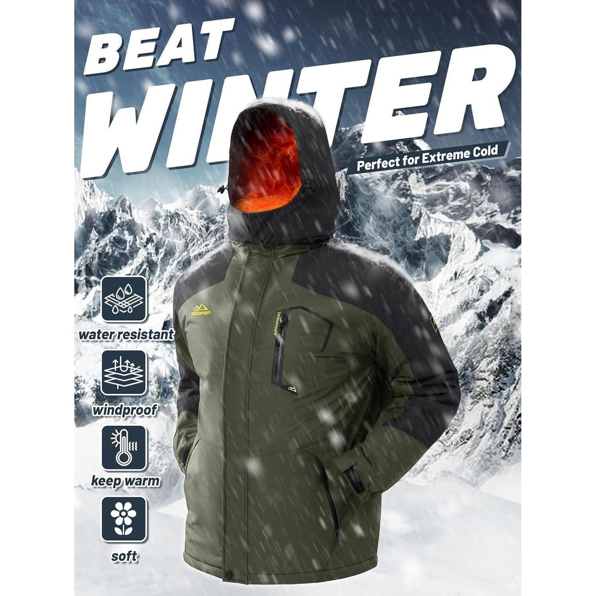 Herren Winterjacke wasserdicht warm gefüttert Armeegrün XL