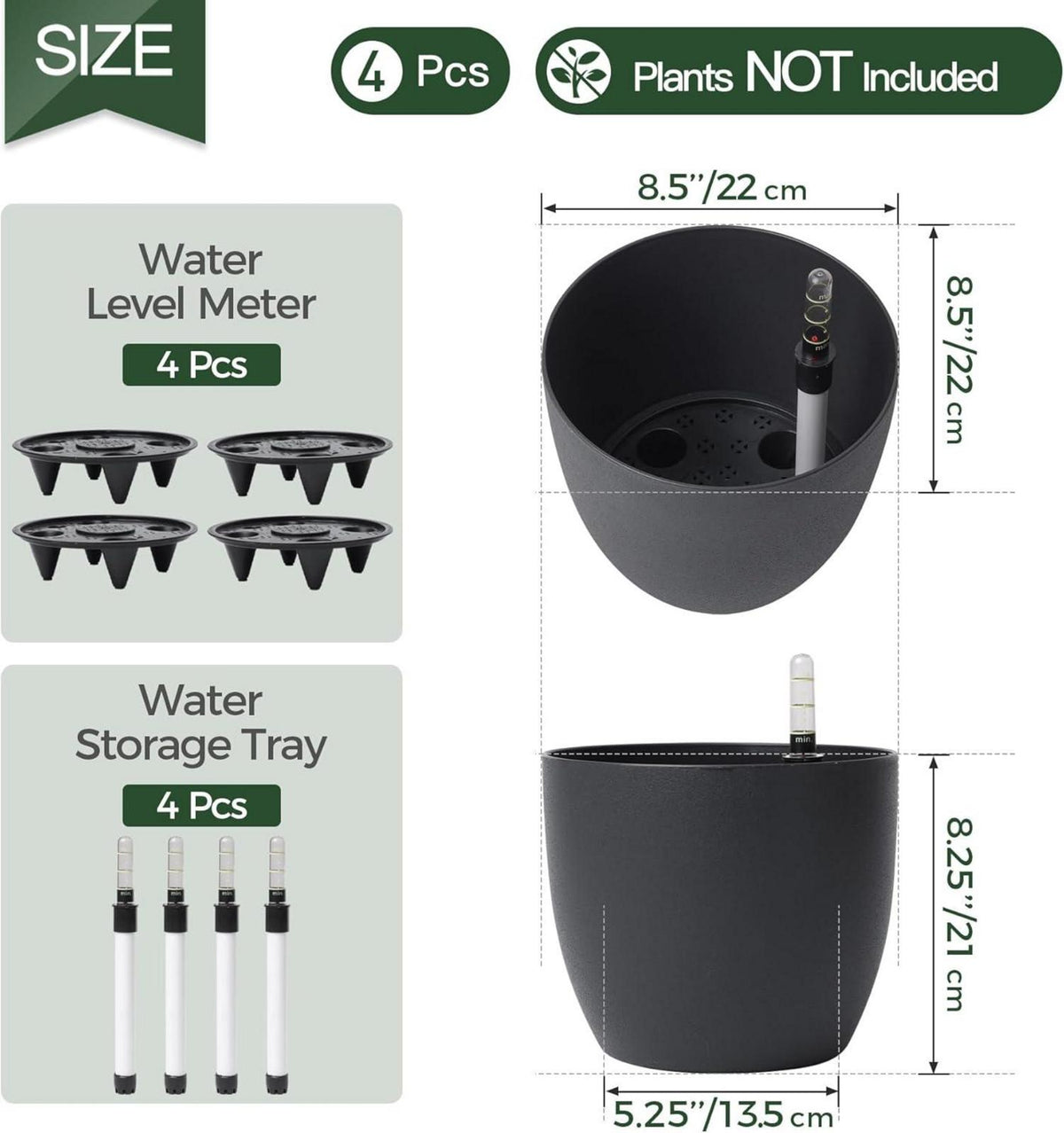 Selbstwässernder Blumentopf 22cm Schwarz 4er-Set für Innen