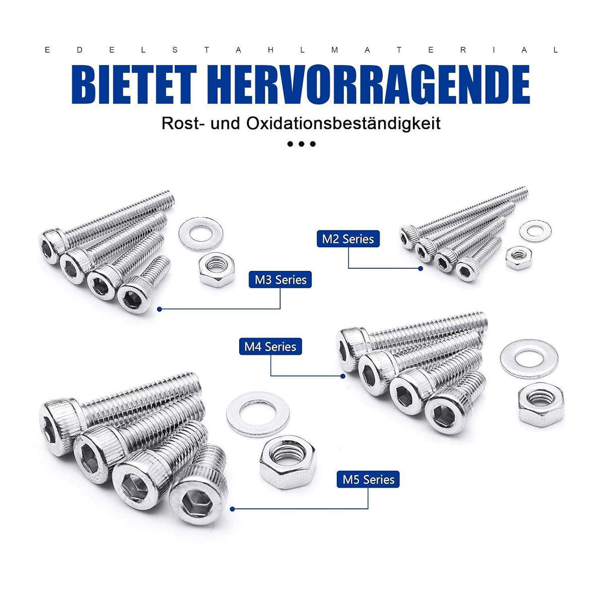 Edelstahl Schrauben Sortiment M2-M5 mit Muttern & Unterlegscheiben