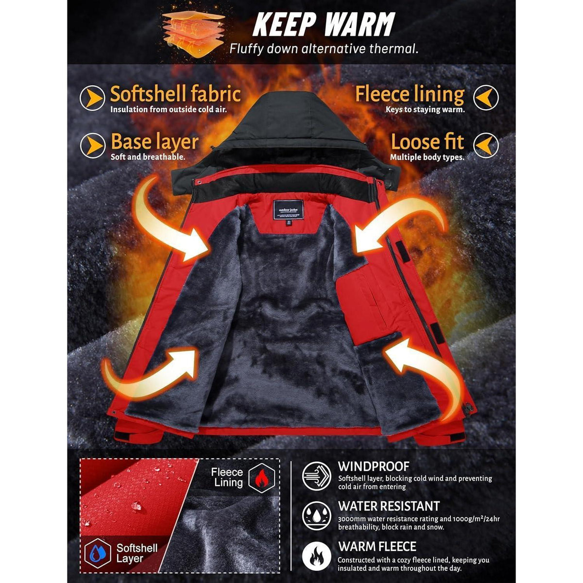 Herren Winterjacke wasserdicht warm mit Kapuze Rot XL