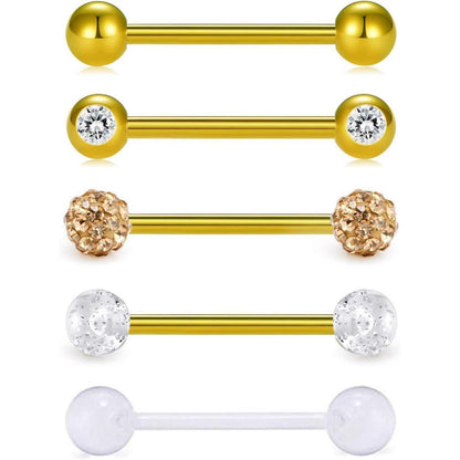 Zungenpiercing Set 5 Stück 16mm Barbell Chirurgenstahl Kunststoff Gold