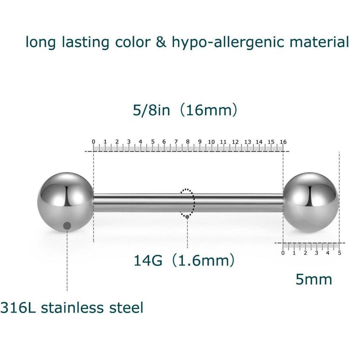 Zungenpiercing Set 5 Stück 16mm Barbell 1,6mm Chirurgenstahl Kunststoff