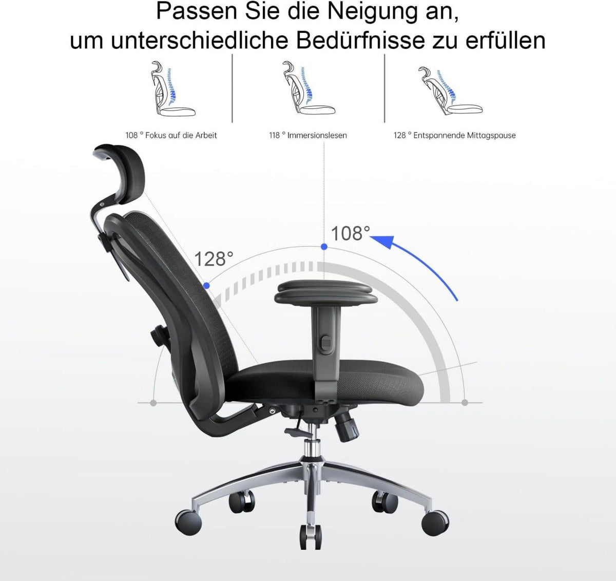 SIHOO Ergonomischer Bürostuhl: Verstellbarer Drehstuhl mit Lordosenstütze