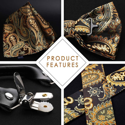 Hosenträger Set Herren mit Fliege & Einstecktuch, Gold Paisley