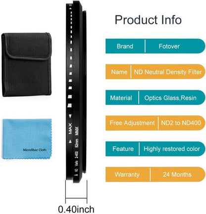 Fotover 58mm Slim Variabler ND Filter ND2-ND400 + 3 Slot Nylon