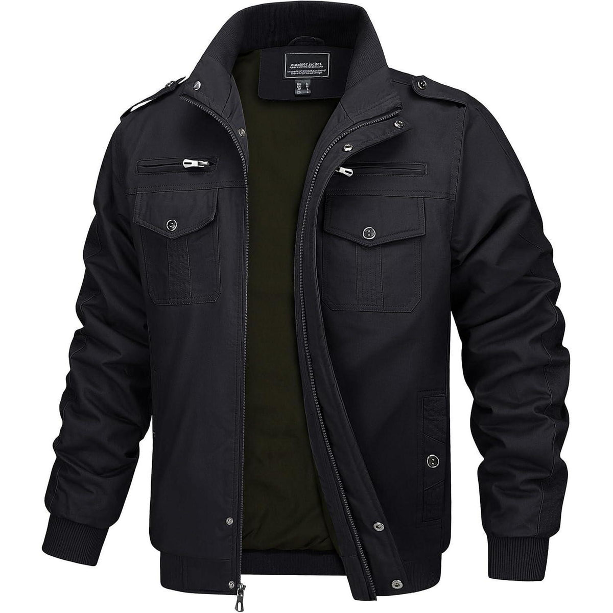 Herren Übergangsjacke Cargo Militärjacke Winddicht Viele Taschen Schwarz