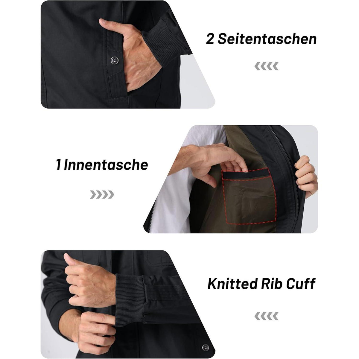 Herren Übergangsjacke Cargo Militärjacke Winddicht Vieltaschen Schwarz