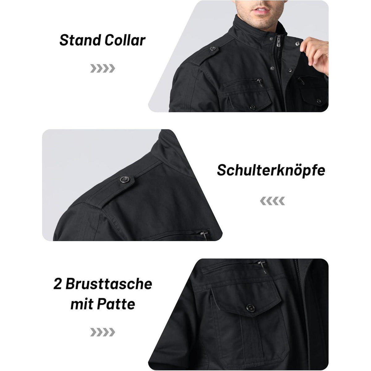 Herren Übergangsjacke Cargo Militärjacke mit Taschen Schwarz