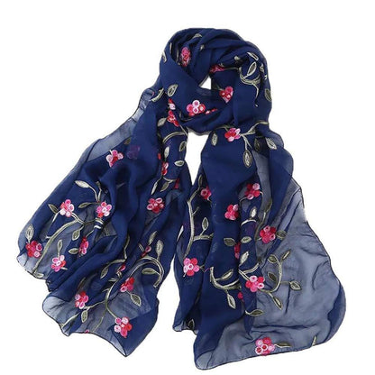 Damen Foulard Seide bestickt Blumen Retro Blau