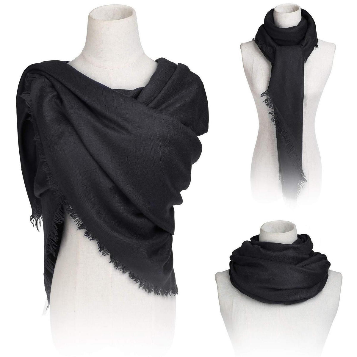 Damen Halstuch Baumwolle Quadratisch mit Fransen Schwarz 140x140cm