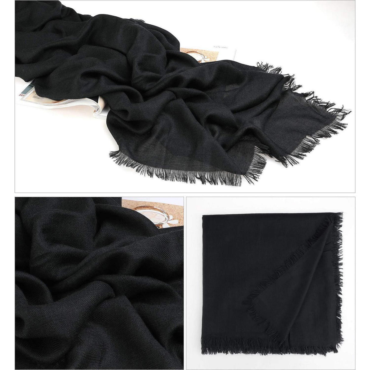 Damen Halstuch Baumwolle Quadratisch mit Fransen Schwarz 140x140cm