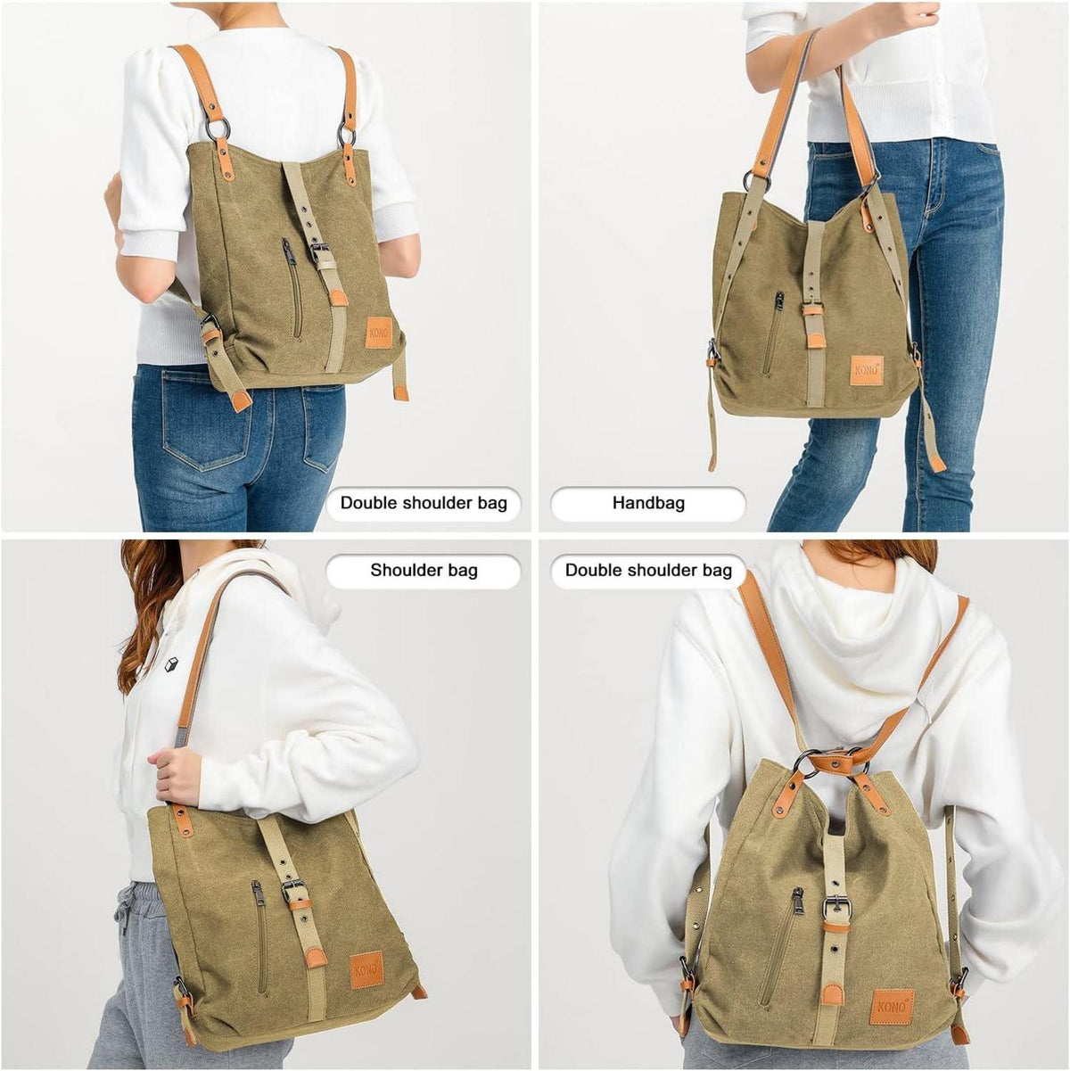 KONO Canvas Henkeltasche Rucksack Damen Groß Braun