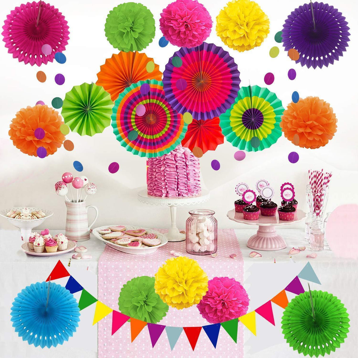 Party Deko Set: Papier Pompoms, Wimpel & Girlande Mehrfarbig