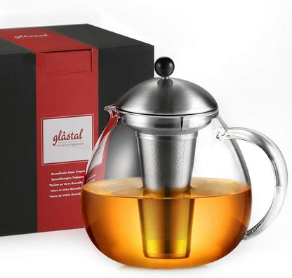 Silberne Glas Teekanne 1500ml mit Edelstahl Teesieb Borosilikatglas
