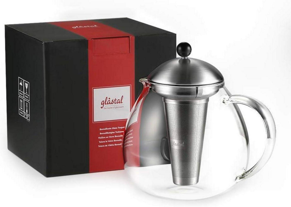 Glastal Silberne Teekanne 1500ml mit Edelstahl Teesieb Borosilicate Glas-Teebereiter