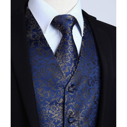 Herren Anzugweste Set Paisley Krawatte Einstecktuch Marine