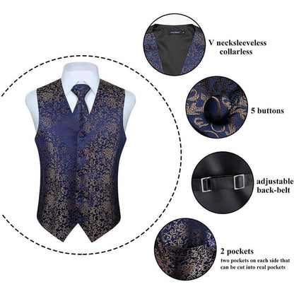 Herren Anzugweste Set Paisley Krawatte Einstecktuch Marine
