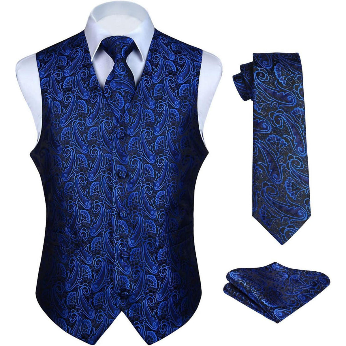 Herren Anzugweste Paisley mit Krawatte & Einstecktuch Blau 3XL