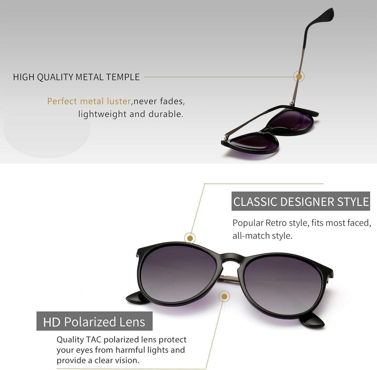 Polarisierte Runde Vintage Sonnenbrille Retro Stil UV400 Schutz
