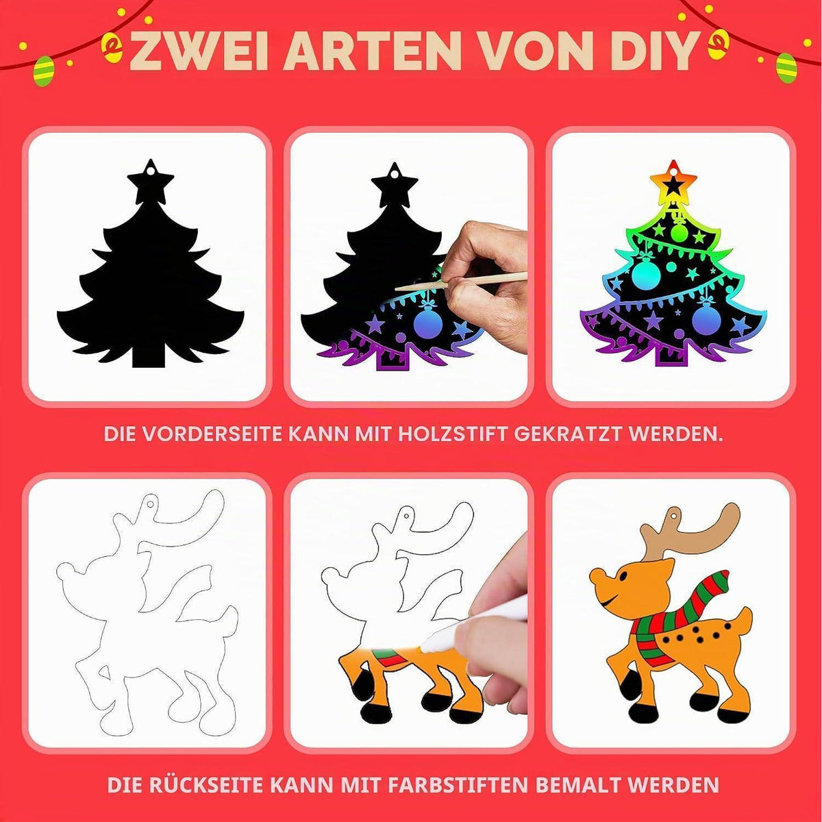 Regenbogen Kratz Weihnachtsschmuck Set – 72 Teile zum Basteln