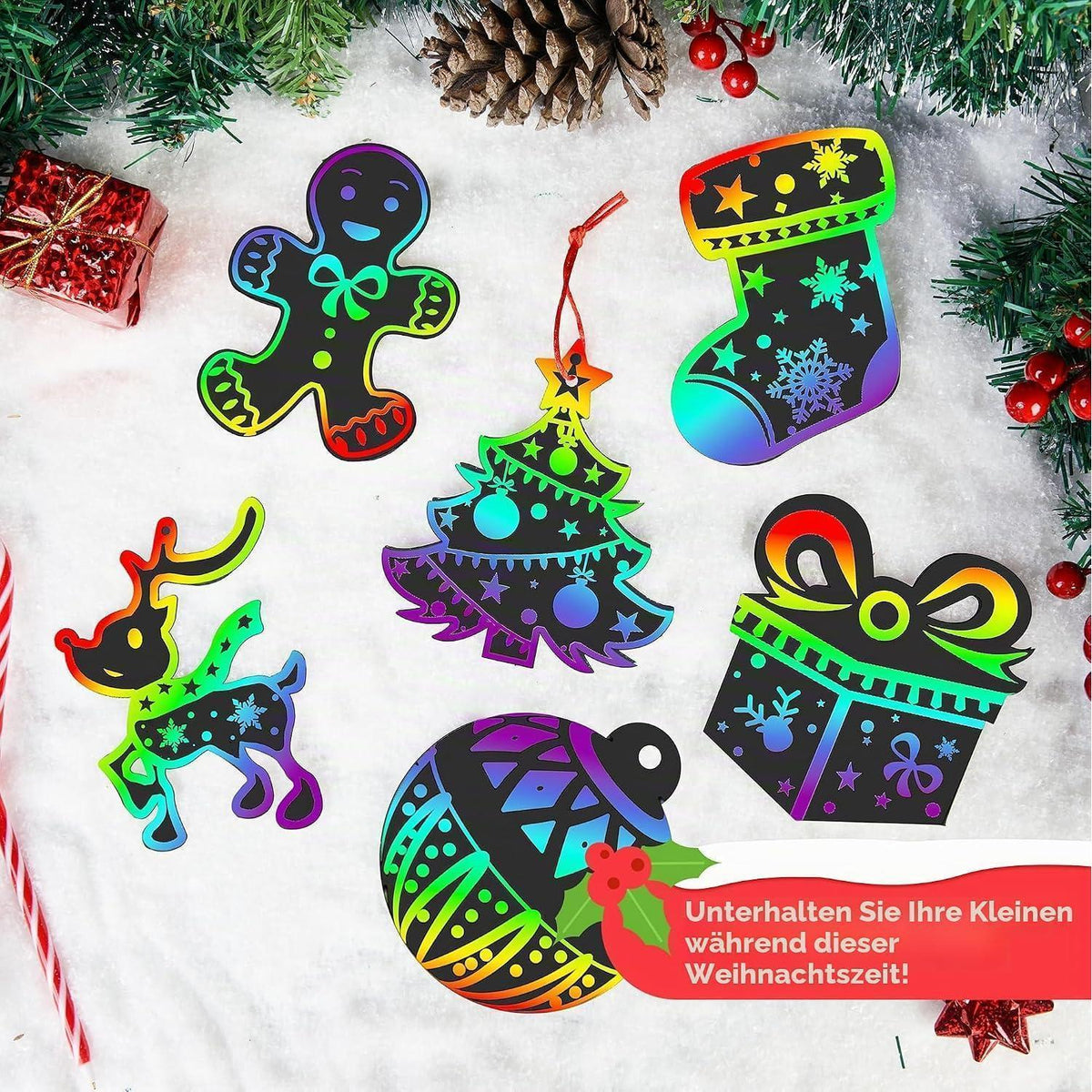 Regenbogen Kratz Weihnachtsschmuck Set – 72 Teile zum Basteln