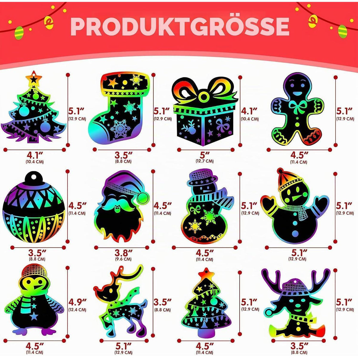 Regenbogen Kratz Weihnachtsschmuck Set – 72 Teile zum Basteln