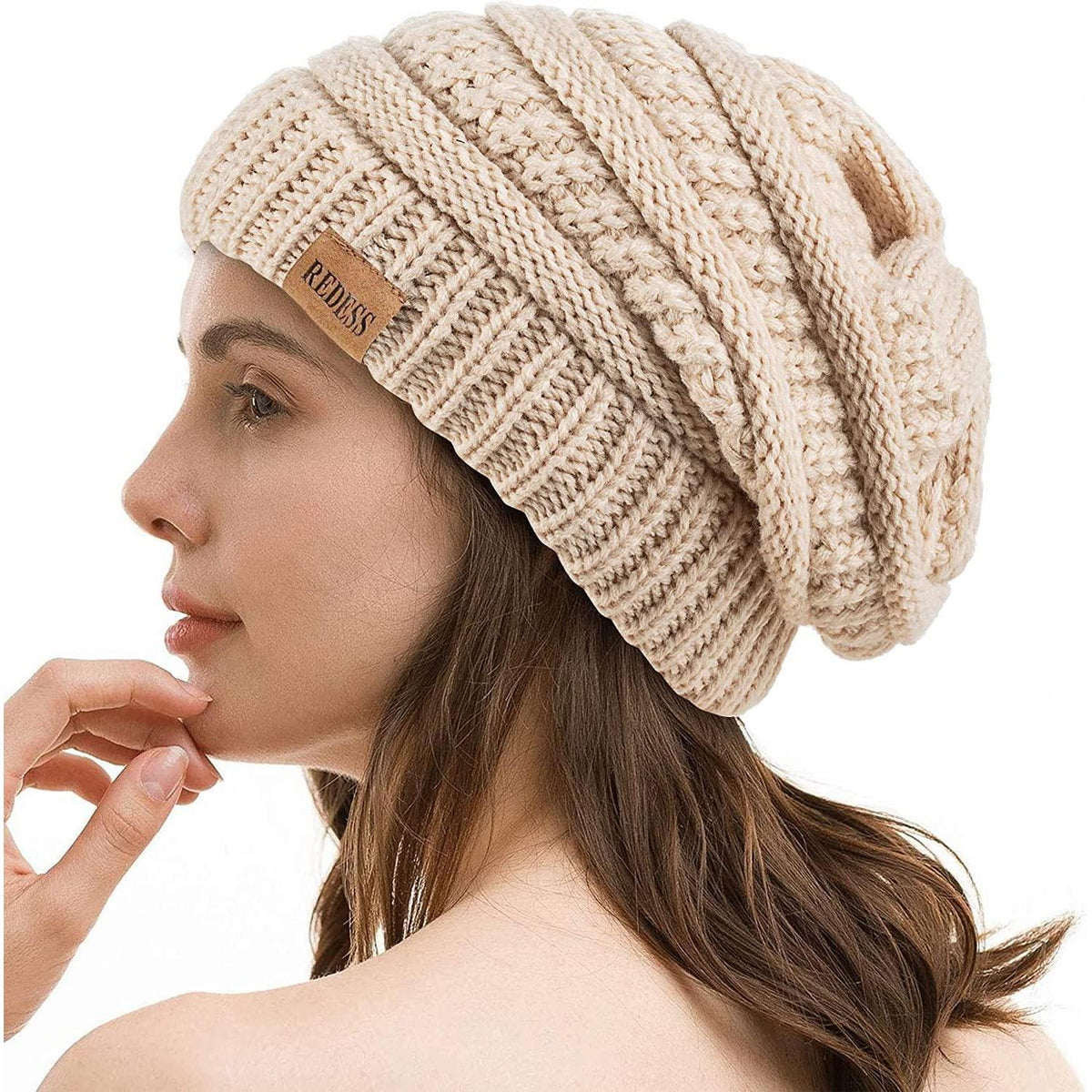 Strickmütze Oversized Zopfmuster für Damen und Herren Beige
