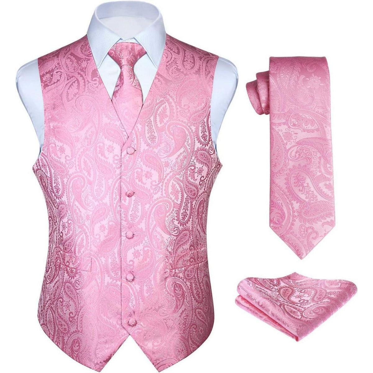 Herren Anzugweste Paisley mit Krawatte & Einstecktuch Rosa 3XL