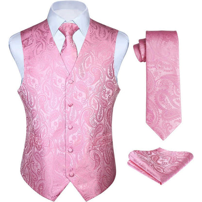 Herren Anzugweste Paisley mit Krawatte & Einstecktuch Rosa 3XL