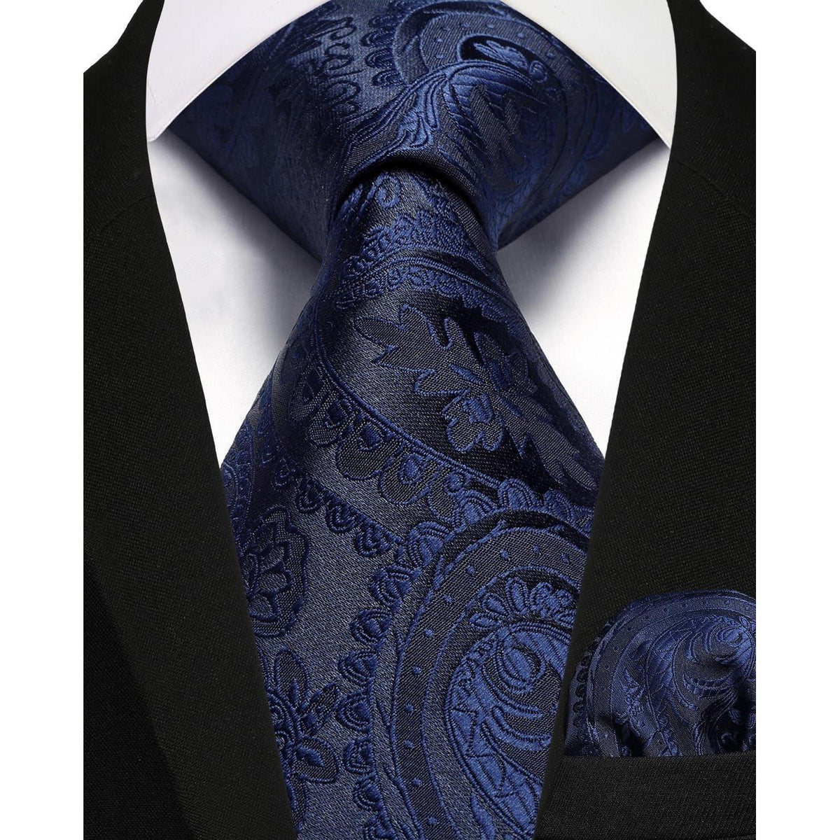 Herren Krawatten-Set mit Einstecktuch, Paisley, Dunkelblau