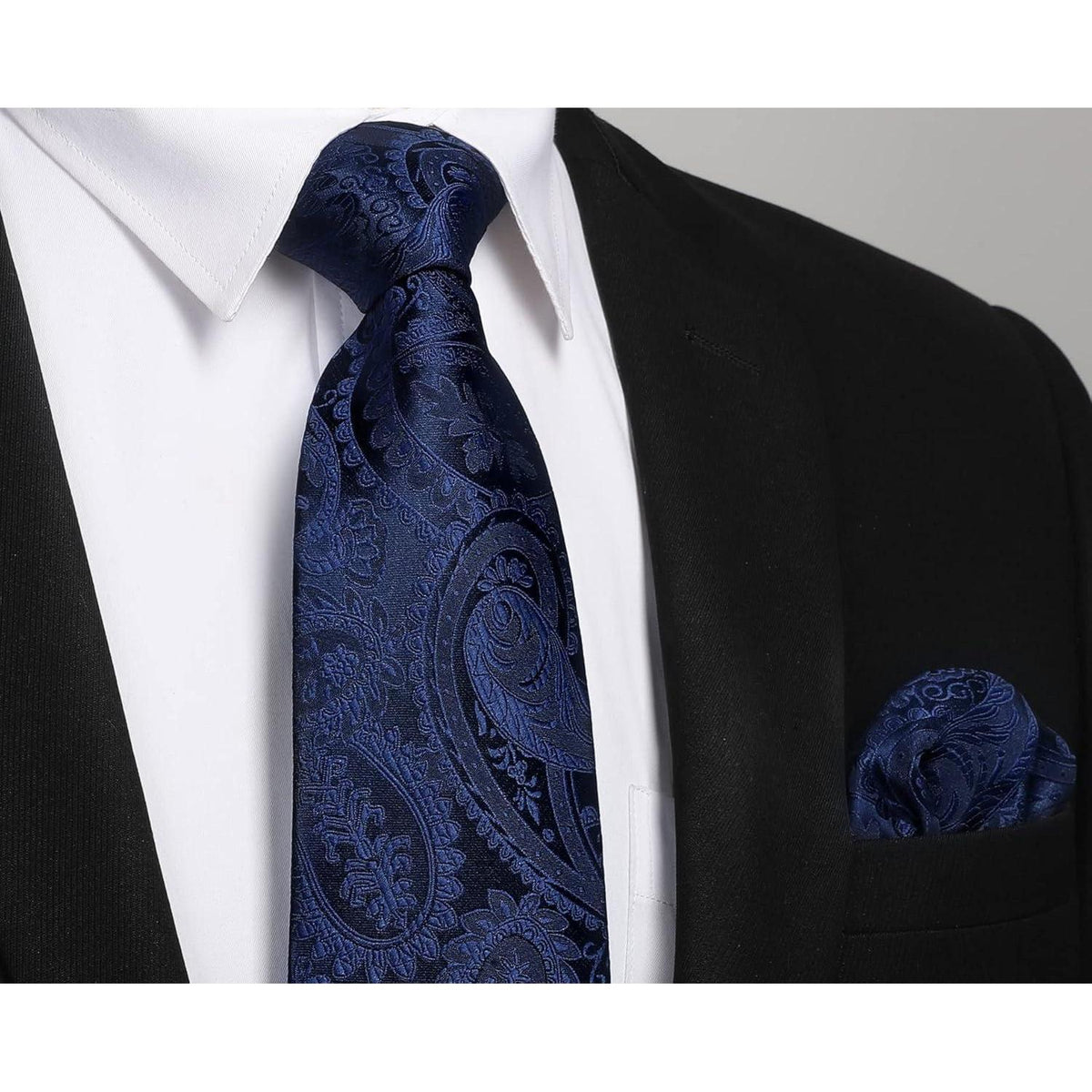 Herren Krawatten-Set mit Einstecktuch, Paisley, Dunkelblau