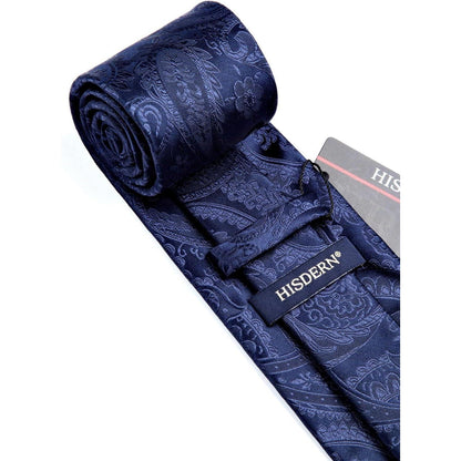 Herren Krawatten-Set mit Einstecktuch, Paisley, Dunkelblau