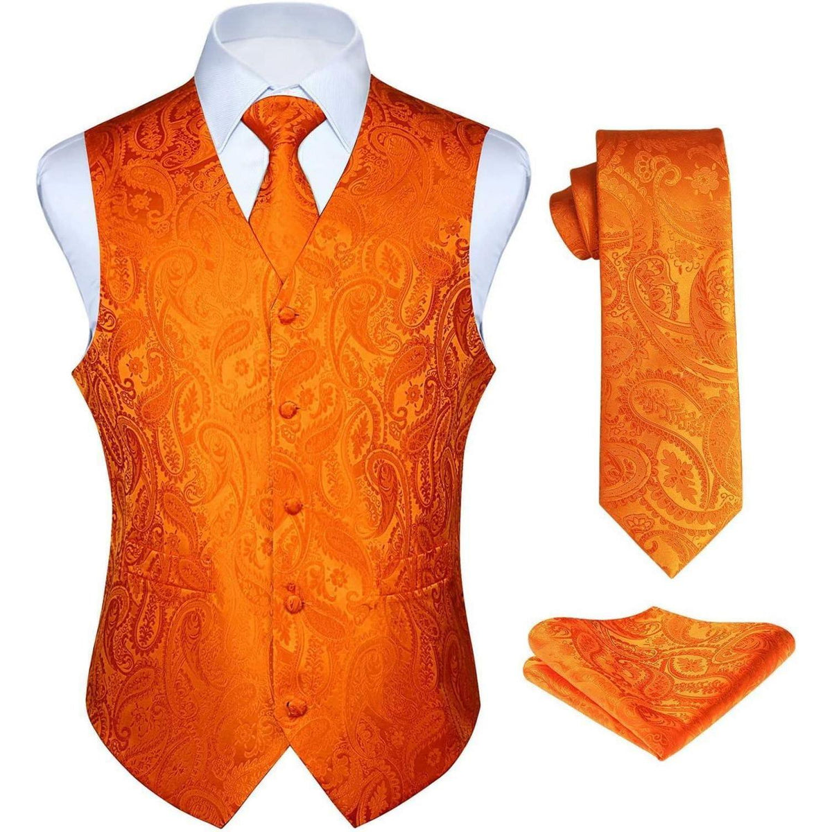 Herren Anzugweste Set Paisley Krawatte Einstecktuch Orange M